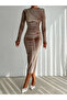 Long Sleeve and Draped Turtleneck Velvet Dress - 2