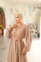Women's Dress with Hijab Collar and Gathered Sleeves and Ribbon - 4