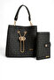Women's 3-Compartment Adjustable Strap Handbag, Shoulder Bag and Wallet Combination Black 20651001
