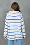 Women's Off Shoulder Wide Zipper Collar Long Sleeve Blue Striped Oversize Knitwear Sweater 2542 - 3