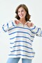 Long Sleeve Wide Zipper Collar Blue Striped Oversize Knitwear Sweater 2542 - 4