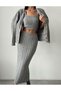 Women's Hair Braided Detailed Skirt Cardigan Crop Triple Knitwear Set - Gray - 5
