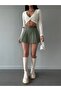 Women's Khaki Pleated Belted Mini Skirt Shorts - 5