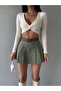 Women's Khaki Pleated Belted Mini Skirt Shorts - 6