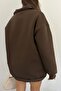 Unisex Brown Polo Neck Oversize 3 Thread Raster Embroidered Sweatshirt - 4