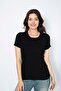 Black 100% Cotton Combed Cotton Ribbed Round Neck Lace Detailed Short Sleeve Women's Undershirt- 525 - 2
