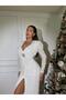 Women's White Imported Fringed Sequin Fabric Slit Brooch-Included Special Design Dress - 2