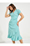 Ruffled Mock Wrap Midi Dress with Puff Sleeve - 2