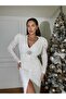 Women's White Imported Fringed Sequin Fabric Slit Brooch-Included Special Design Dress - 7
