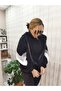 Oversize Zippered Sleeve Detail Hooded Black Coat Women - 3