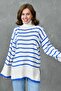 Women's Side Slit Off-Shoulder Long Sleeve Turtleneck Blue Striped Oversize Knitwear Sweater 2544