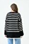 Long Sleeve Crew Neck Striped Black Oversize Knitwear Sweater 2543 - 3