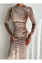 Long Sleeve and Draped Turtleneck Velvet Dress - 4
