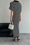 Women's Black Striped Polo Neck Slit Knitwear Dress - 5