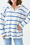 Long Sleeve Wide Zipper Collar Blue Striped Oversize Knitwear Sweater 2542 - 5