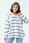 Long Sleeve Wide Zipper Collar Blue Striped Oversize Knitwear Sweater 2542 - 6