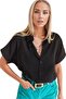 Women's Black Oversize Bat Short Sleeve Shirt with Buttons - 2