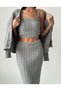 Women's Hair Braided Detailed Skirt Cardigan Crop Triple Knitwear Set - Gray - 3