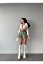 Women's Khaki Pleated Belted Mini Skirt Shorts - 3