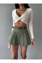 Women's Khaki Pleated Belted Mini Skirt Shorts - 4