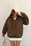 Unisex Brown Polo Neck Oversize 3 Thread Raster Embroidered Sweatshirt - 7