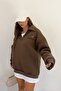 Unisex Brown Polo Neck Oversize 3 Thread Raster Embroidered Sweatshirt - 8