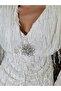 Women's White Imported Fringed Sequin Fabric Slit Brooch-Included Special Design Dress - 5