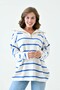 Long Sleeve Wide Zipper Collar Blue Striped Oversize Knitwear Sweater 2542 - 7