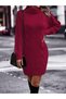 Hair Braid & Selanik Knit Patterned Links Detail Turtleneck Long Sleeve Back Detailed Burgundy Knitwear Dress Tunic - 2