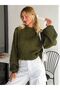 Atemoda Half Turtleneck Khaki Green Hair Knit Crop Loose Sleeve - 4