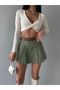 Women's Khaki Pleated Belted Mini Skirt Shorts - 8