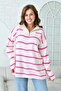 Zippered Collar Off Shoulder Long Sleeve Pink Striped Oversize Knitwear Sweater 2542 - 5