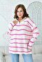 Zippered Collar Off Shoulder Long Sleeve Pink Striped Oversize Knitwear Sweater 2542 - 8