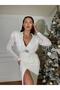 Women's White Imported Fringed Sequin Fabric Slit Brooch-Included Special Design Dress - 8
