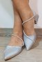 Women's Ribbed Low Heeled Stoned Silver Ballerina Evening Dress Shoes - 5