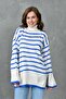Women's Side Slit Off-Shoulder Long Sleeve Turtleneck Blue Striped Oversize Knitwear Sweater 2544 - 7