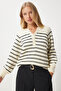 Women's Cream Black Buttoned Collar Knitwear Sweater LX00040 - 2