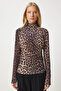 Women's Black Beige Ruched Detail Mock Neck Sandy Blouse FF00135 - 4