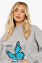 Women's Blue Butterfly Printed Crew Neck Bottom Top Set Oversize Tracksuit Set - 3
