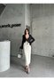 Women's Buttoned Front Long Beige Color Lycra Denim Skirt - 3