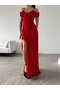 Flexible Red Crepe Fabric Slit Detailed Long Evening Dress and Graduation Dress with Low-cut Chest 582190 699