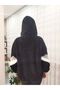 Oversize Zippered Sleeve Detail Hooded Black Coat Women - 6