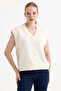 Women's Embroidered V-Neck Cream Sweater