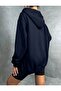 Unisex Navy Blue 2 Yarn Knitted Fabric Oversize Hooded Cardigan - 3