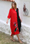 Black-Red Shirt Collar Buttoned 3/4 Sleeve Buttoned Embroidered Woven Casual Dress - 6