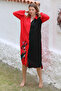 Black-Red Shirt Collar Buttoned 3/4 Sleeve Buttoned Embroidered Woven Casual Dress - 2