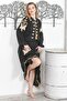 Black Prevailing Collar Balloon Sleeve Slit Tassel Embroidered Casual Woven Dress - 3
