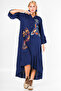 Navy Blue High Collar Frilled Cufflinks Embroidered Oversize Woven Dress with Frilly Sleeves and Hem - 7