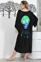 Black V-Neck 3/4 Sleeve Buttoned Hidden Pocket Embroidered Printed Casual Oversize Woven Dress - 7