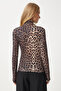 Women's Black Beige Ruched Detail Mock Neck Sandy Blouse FF00135 - 6